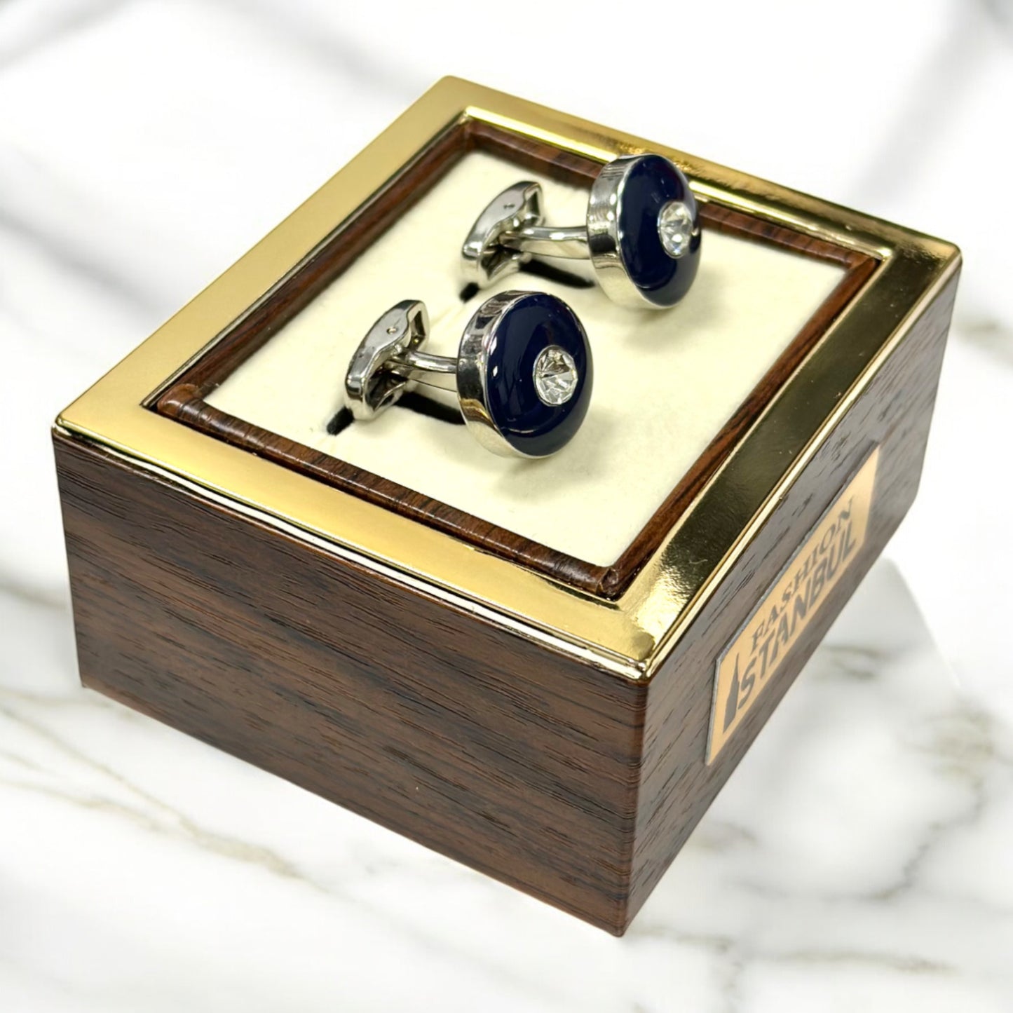 Round Dark Blue Centered with Diamond  - Istanbul Fashion Cufflinks - 60