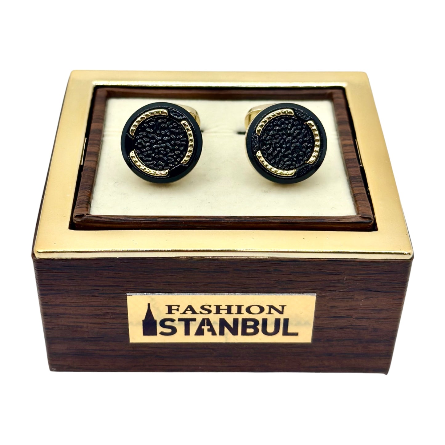 Round Istanbul Fashion Cufflinks - Gold and Dark Black Textured Interior  - 12