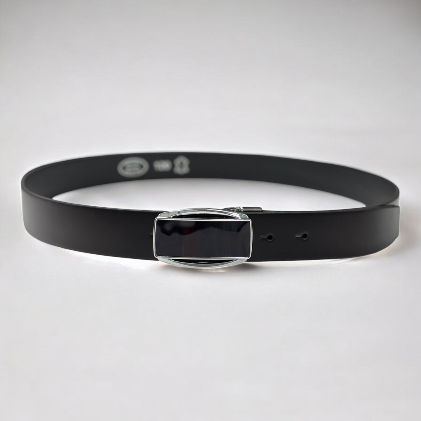 Black Solid Leather with Shiny Black and Silver Buckle - 1