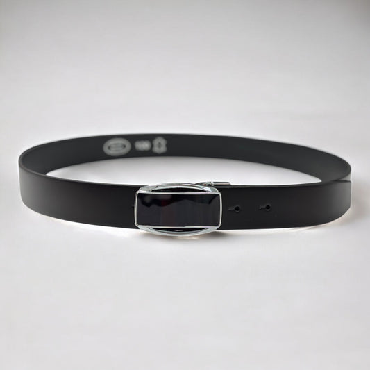 Black Solid Leather with Shiny Black and Silver Buckle - 1