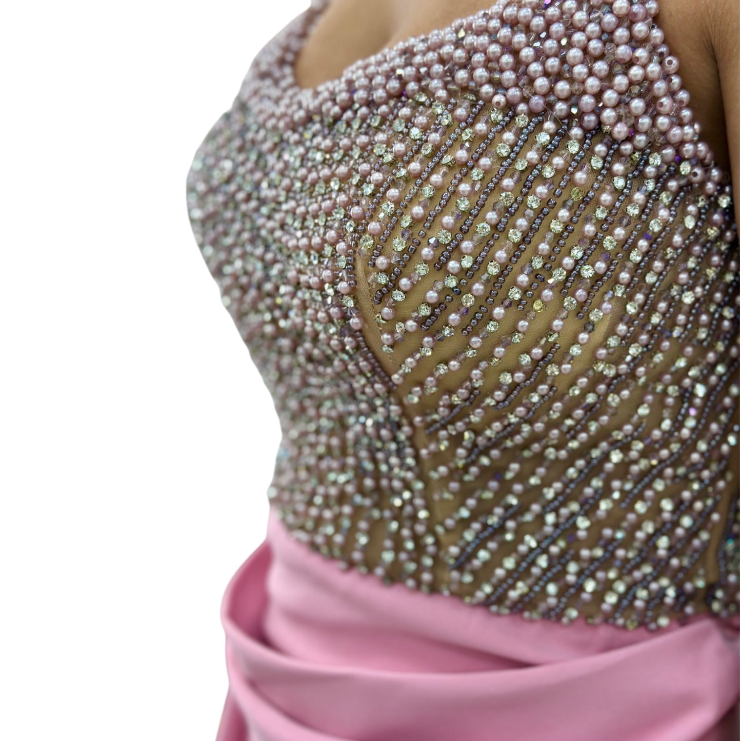 Sexy Bubble Pink Long Dress- Detailed with Beautiful Pearls