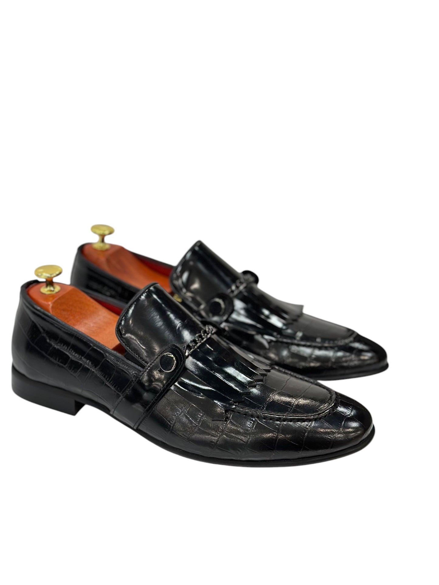 Black Istanbul Fashion by Raad Red Bottom Shoes With Shine Finish and Chrome Chain-3015