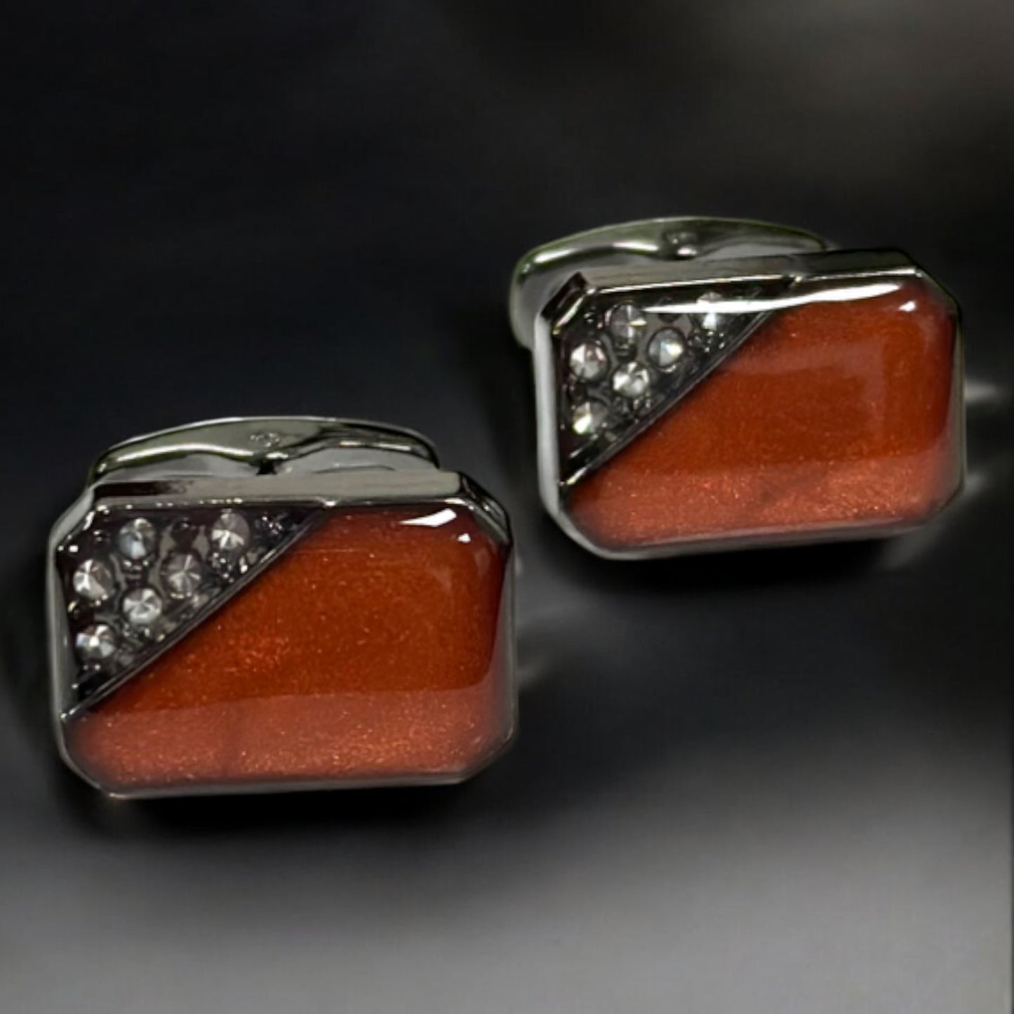 Rectangular Chrome with Rustic Orange Jewell  - Istanbul Fashion Cufflinks - 77