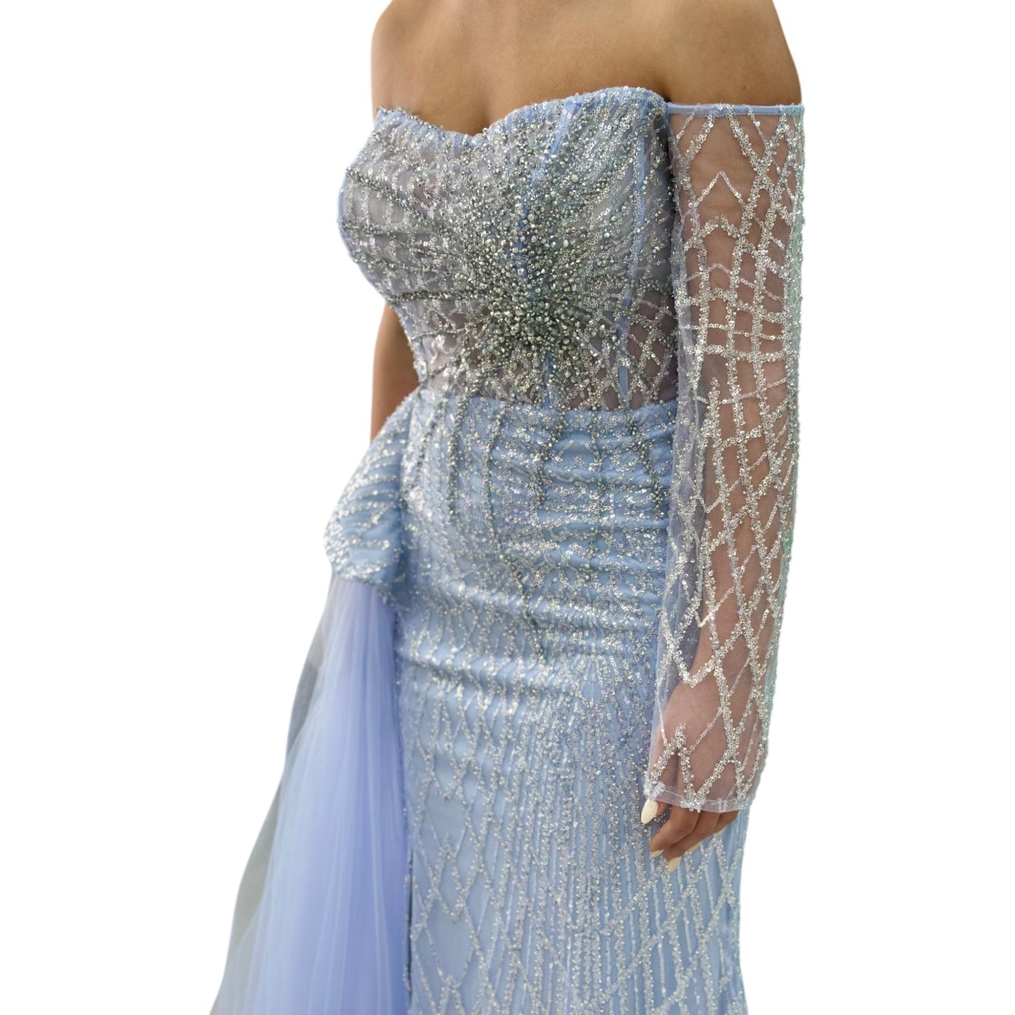 Sexy Lightest Blue Long Dress- Detailed with Beautiful Crystals