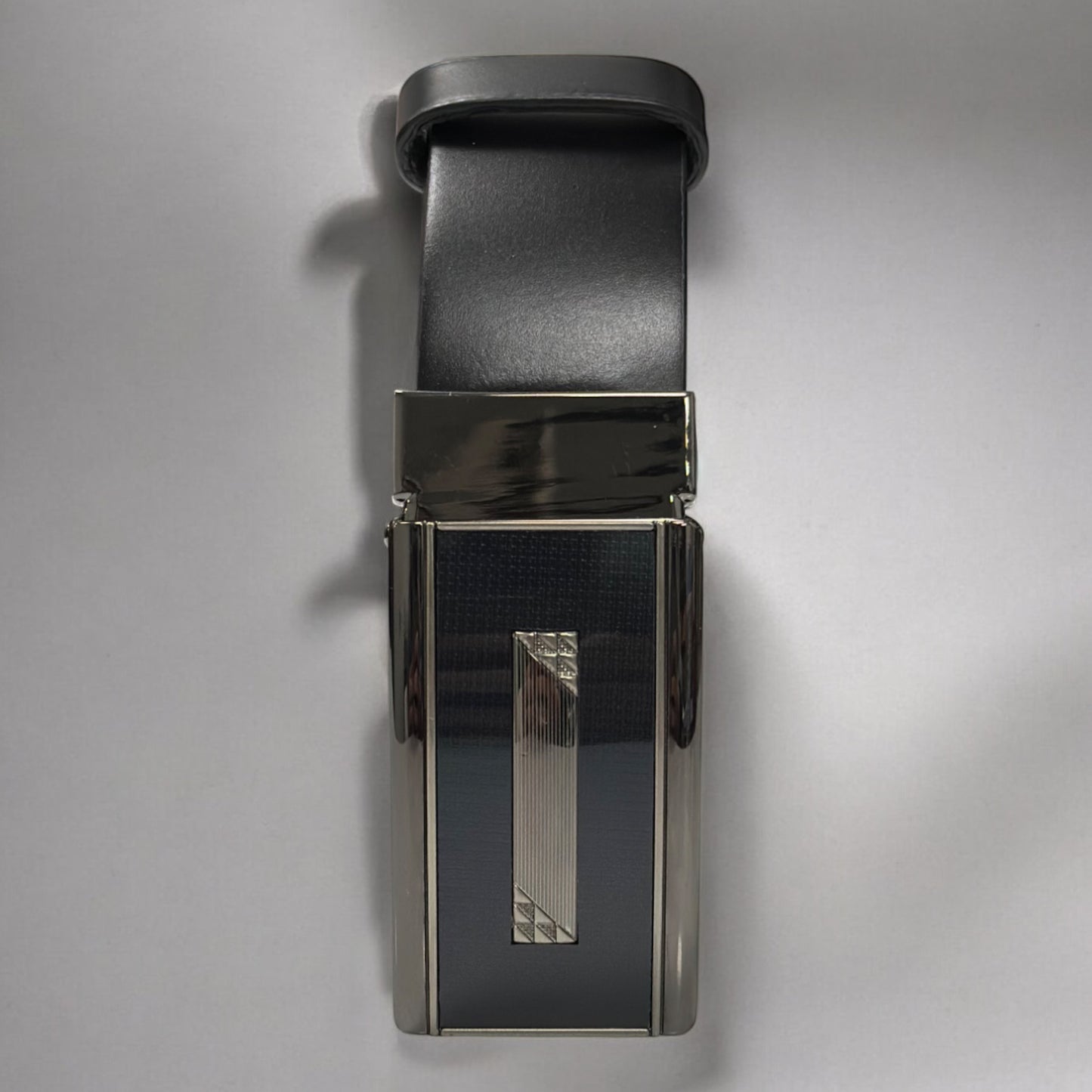 Black Matte Leather with Shiny Navy Buckle with Chrome Detailing - 4