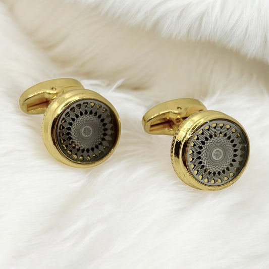 Elegantly Round Istanbul Fashion Cufflinks  Detailed Gold with Beige and Silver Interior - 18