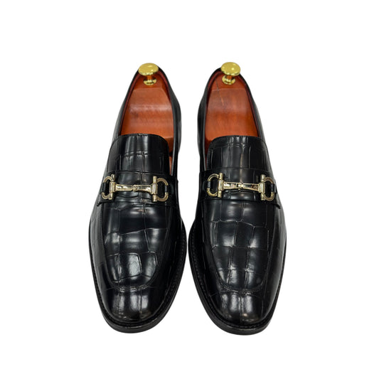 Black Istanbul Fashion by Raad Red Bottom Shoes With Unique Textured Leather with Gold Finish Buckle-1700