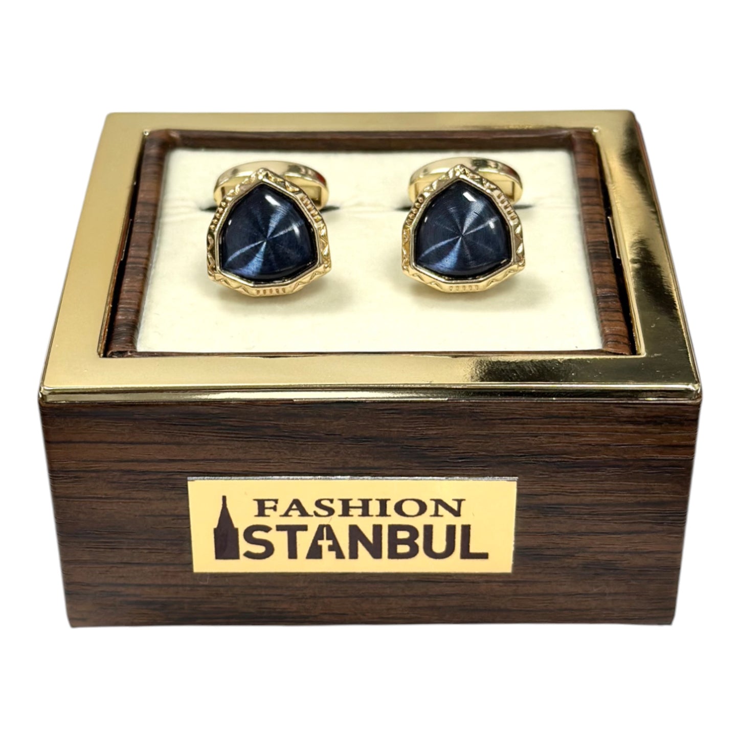 Triangle Shaped Gold and Blue Rhinestone  - Istanbul Fashion Cufflinks - 48