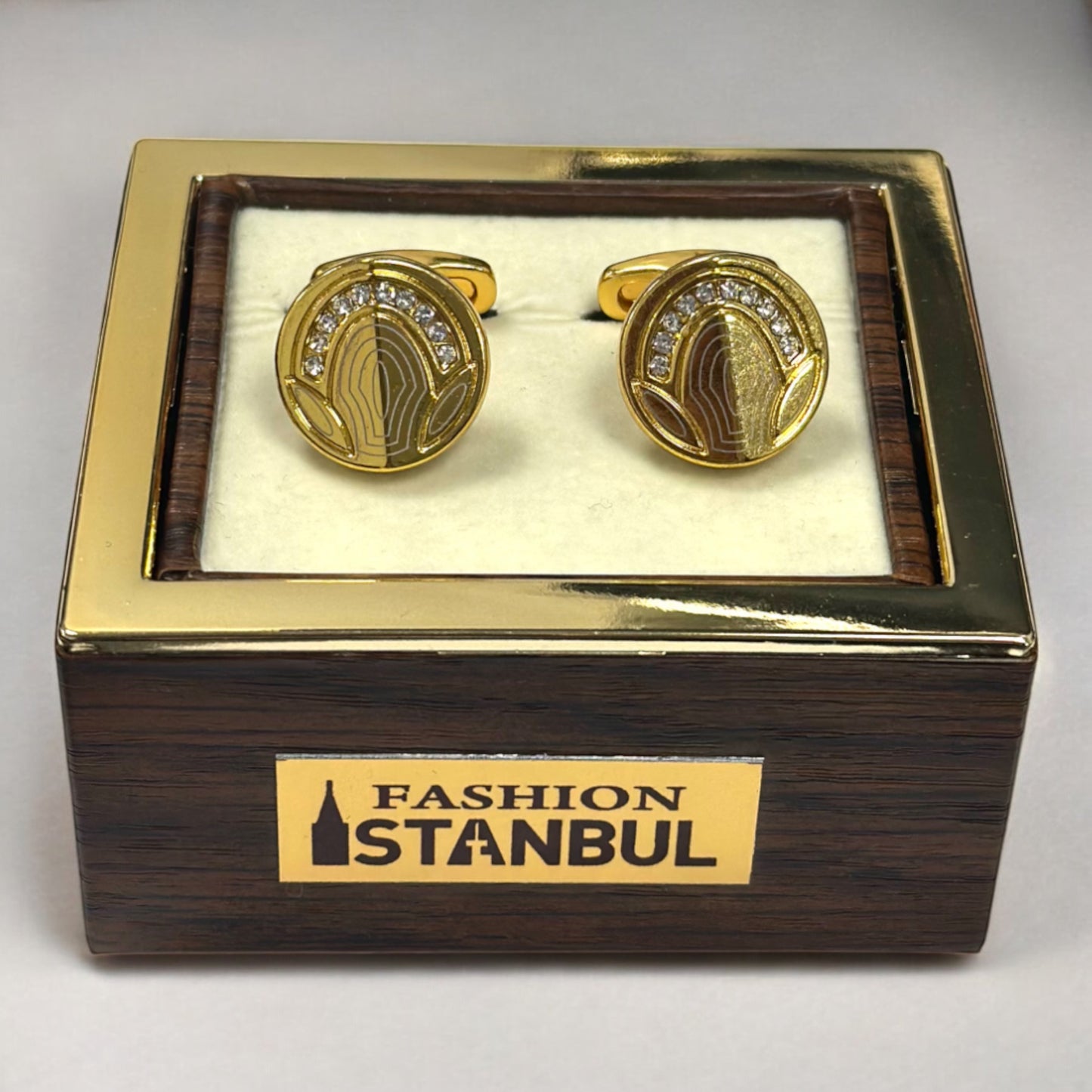 Stylish Round Gold Detailed with Diamonds  Finish - Istanbul Fashion Cufflinks - 70