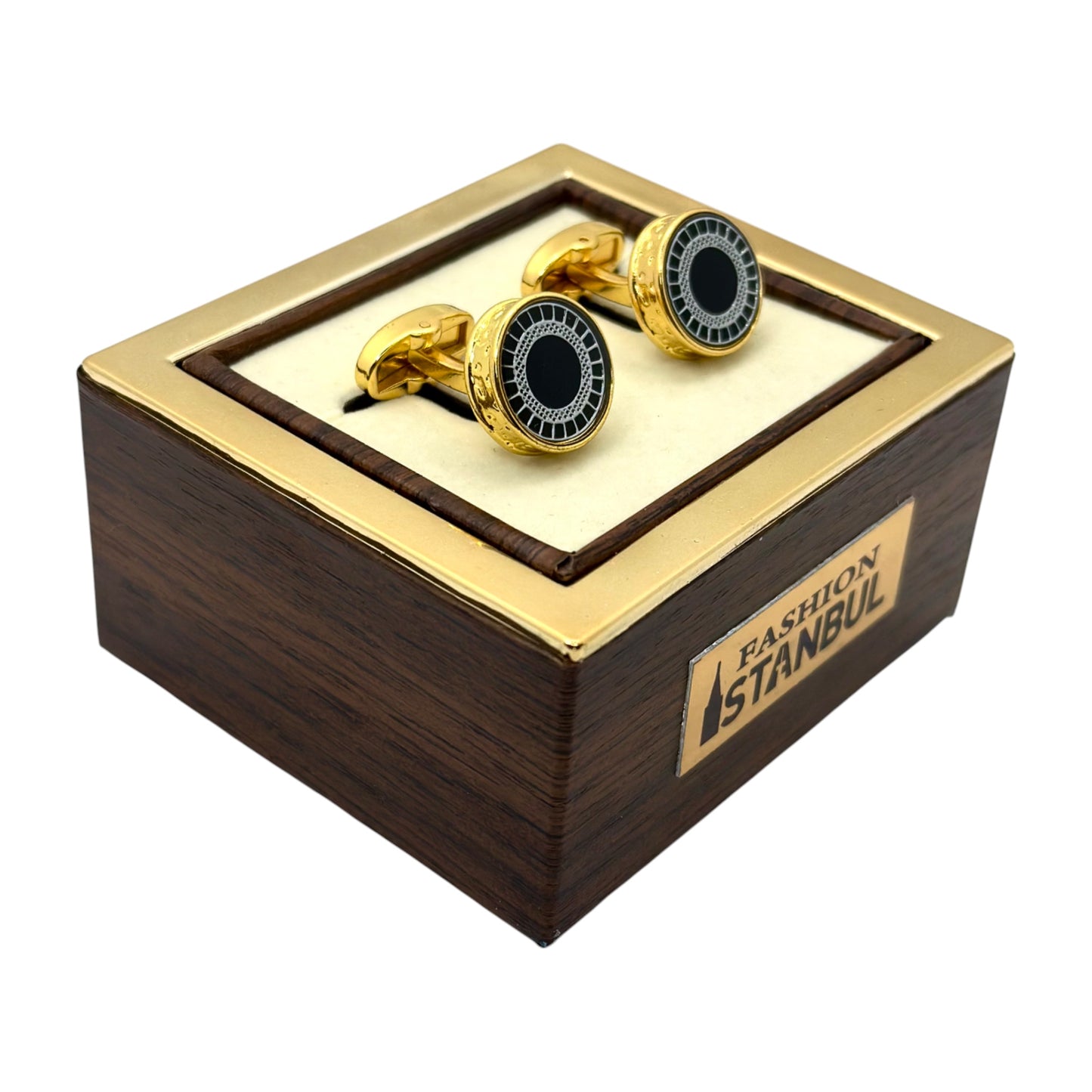 Round Istanbul Fashion Cufflinks - Gold Exterior with Black Details Mixed with Silver  - 4