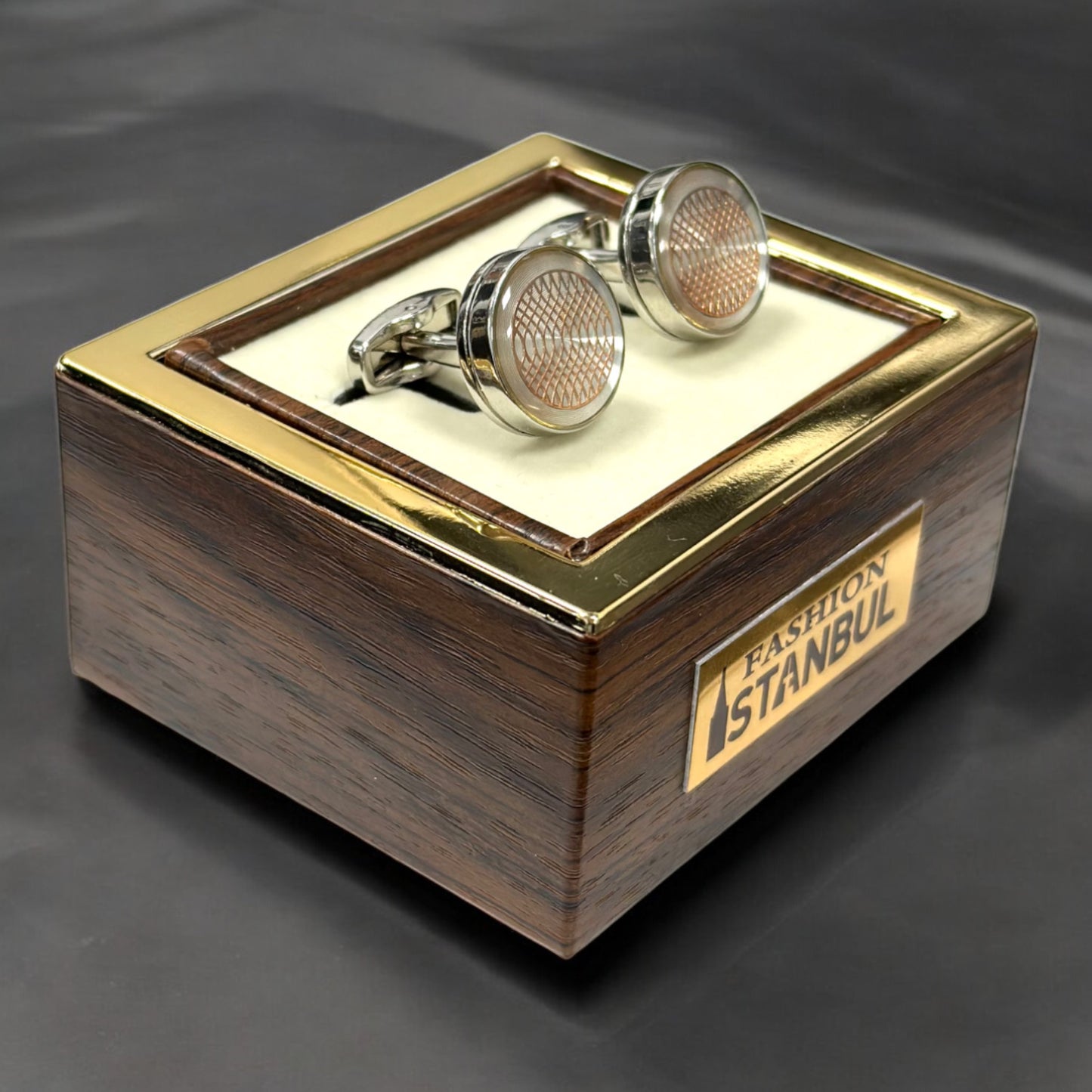Round Silver with Fine Rose Gold Lines  - Istanbul Fashion Cufflinks - 61