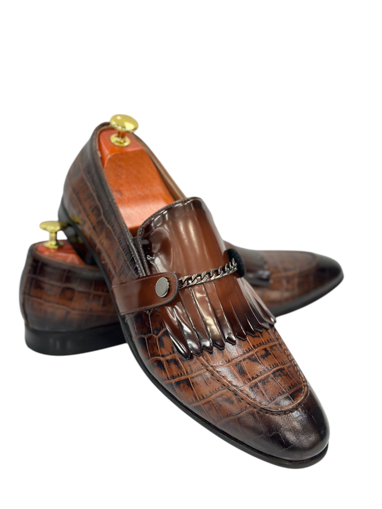 Brown Istanbul Fashion by Raad Red Bottom Leather Shoes With Silver Finish Chain-3015