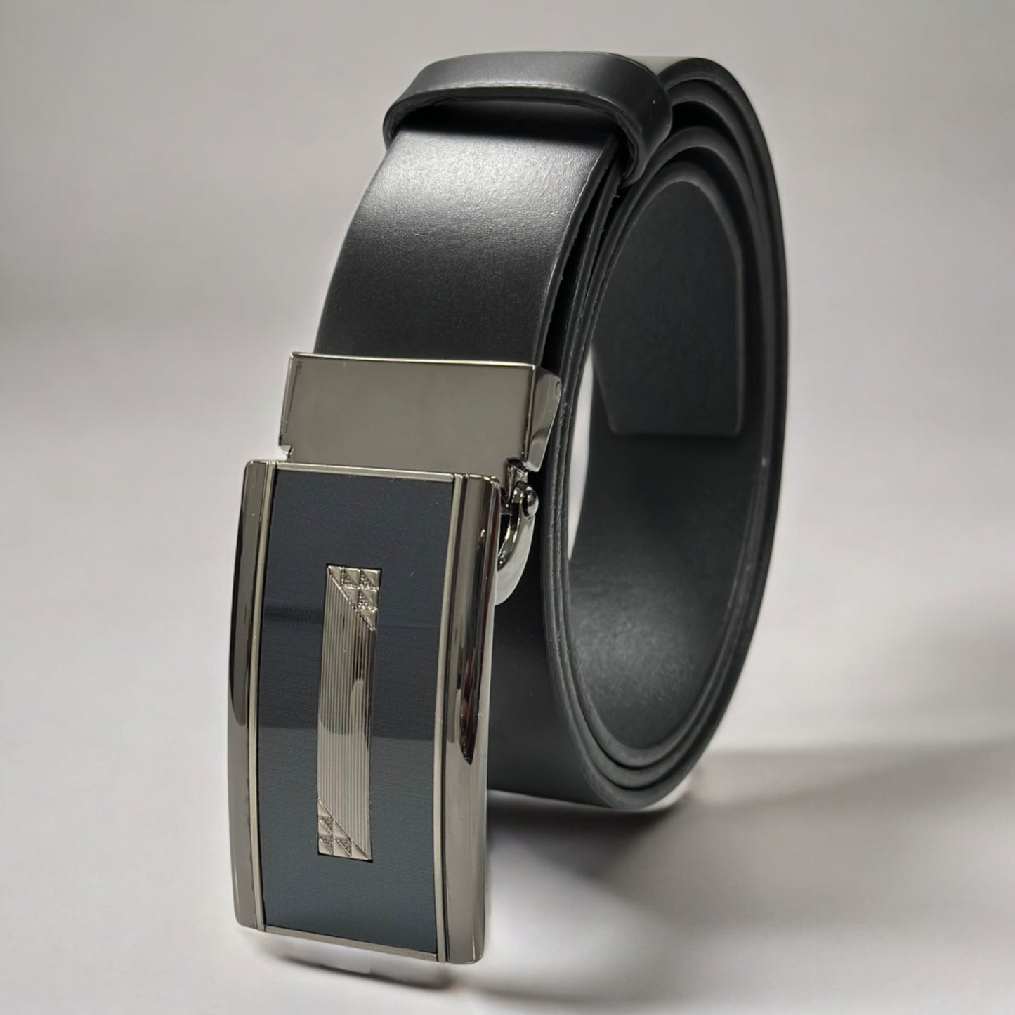 Black Matte Leather with Shiny Navy Buckle with Chrome Detailing - 4
