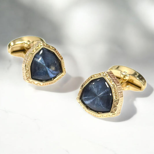 Triangle Shaped Gold and Blue Rhinestone  - Istanbul Fashion Cufflinks - 48