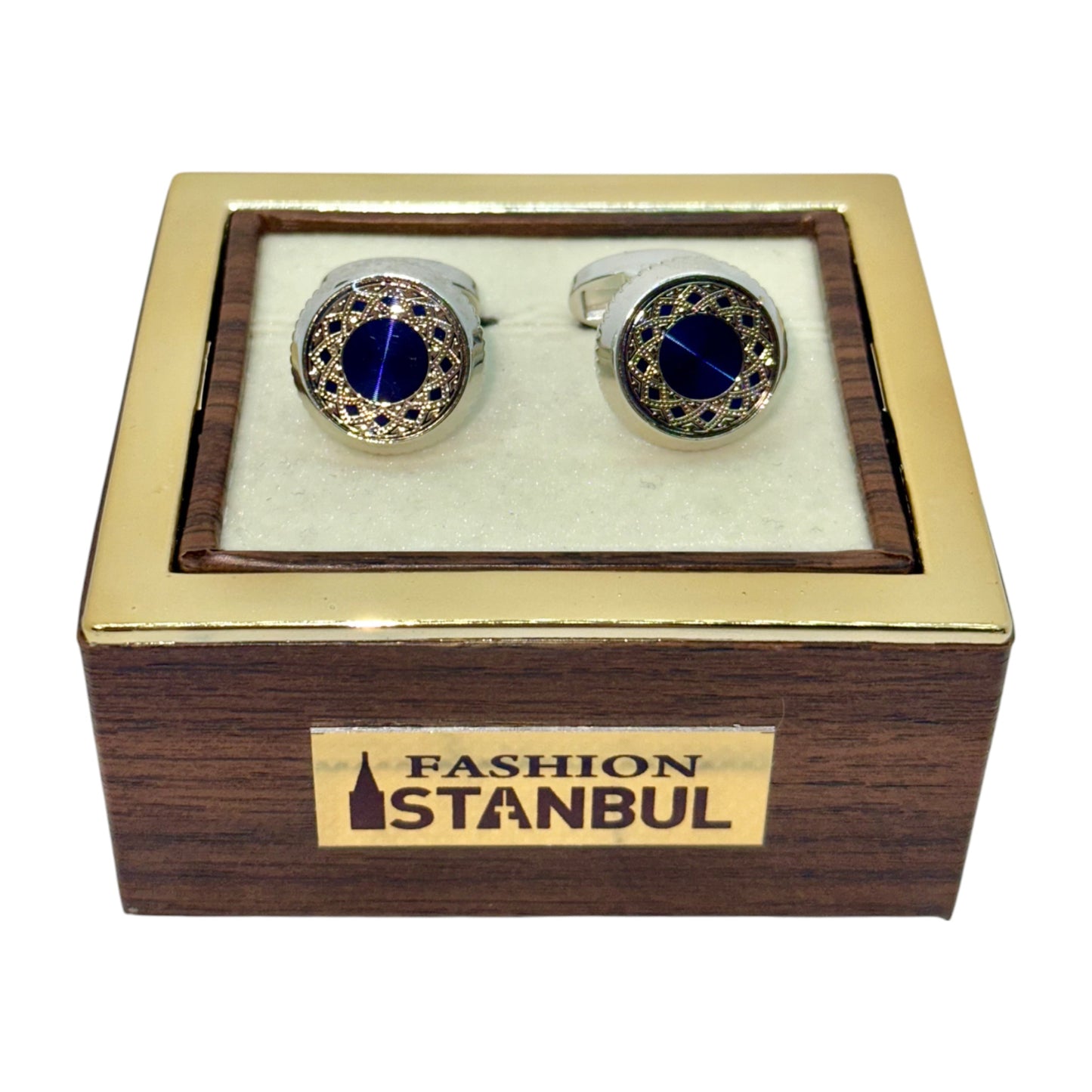 Round Silver Istanbul Fashion Cufflinks - Stainless Steel Exterior with Royal Blue and Rose Gold Detailed Interior - 8