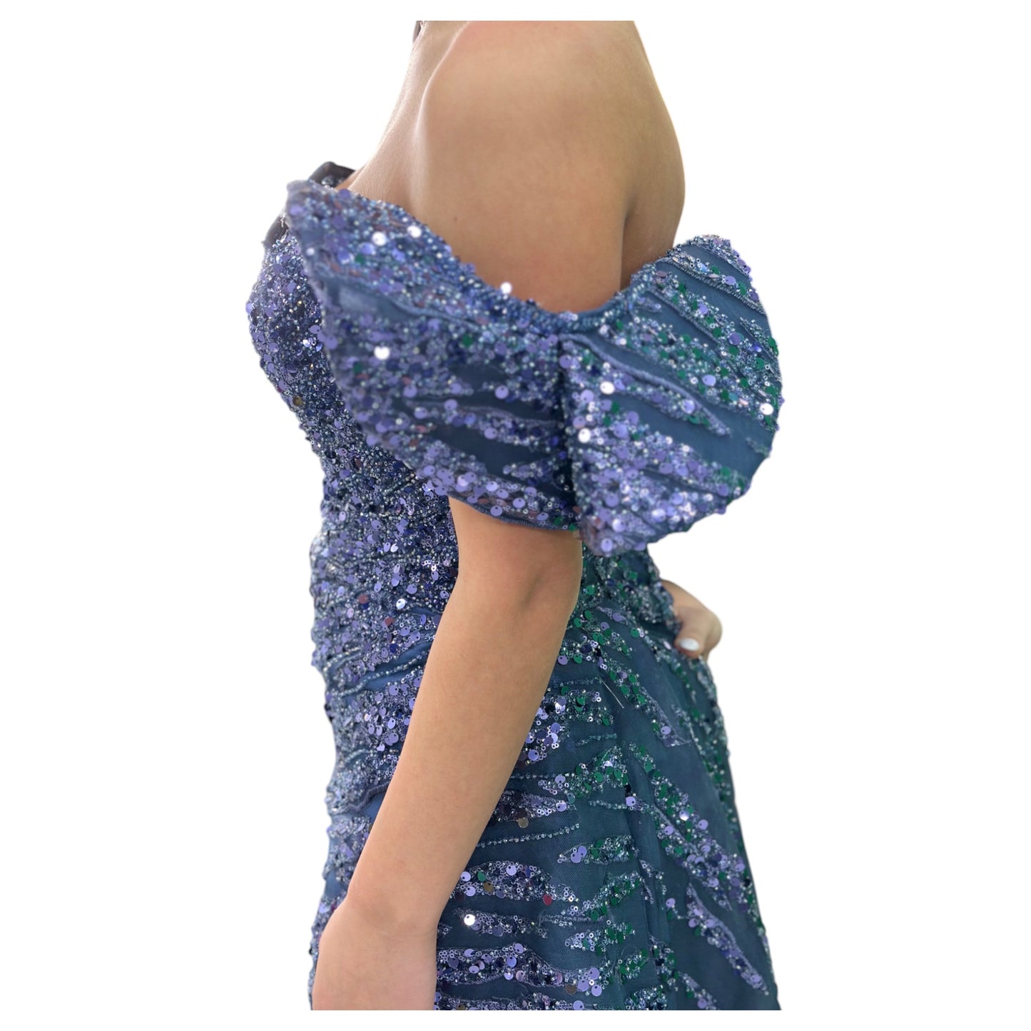 Navy Elegant Long Dress-Detailed with Beautiful Crystals and Sequins Off The Shoulder