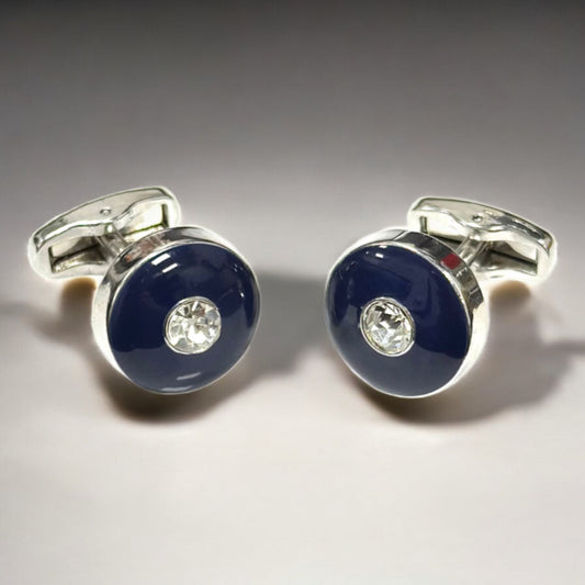 Round Dark Blue Centered with Diamond  - Istanbul Fashion Cufflinks - 60