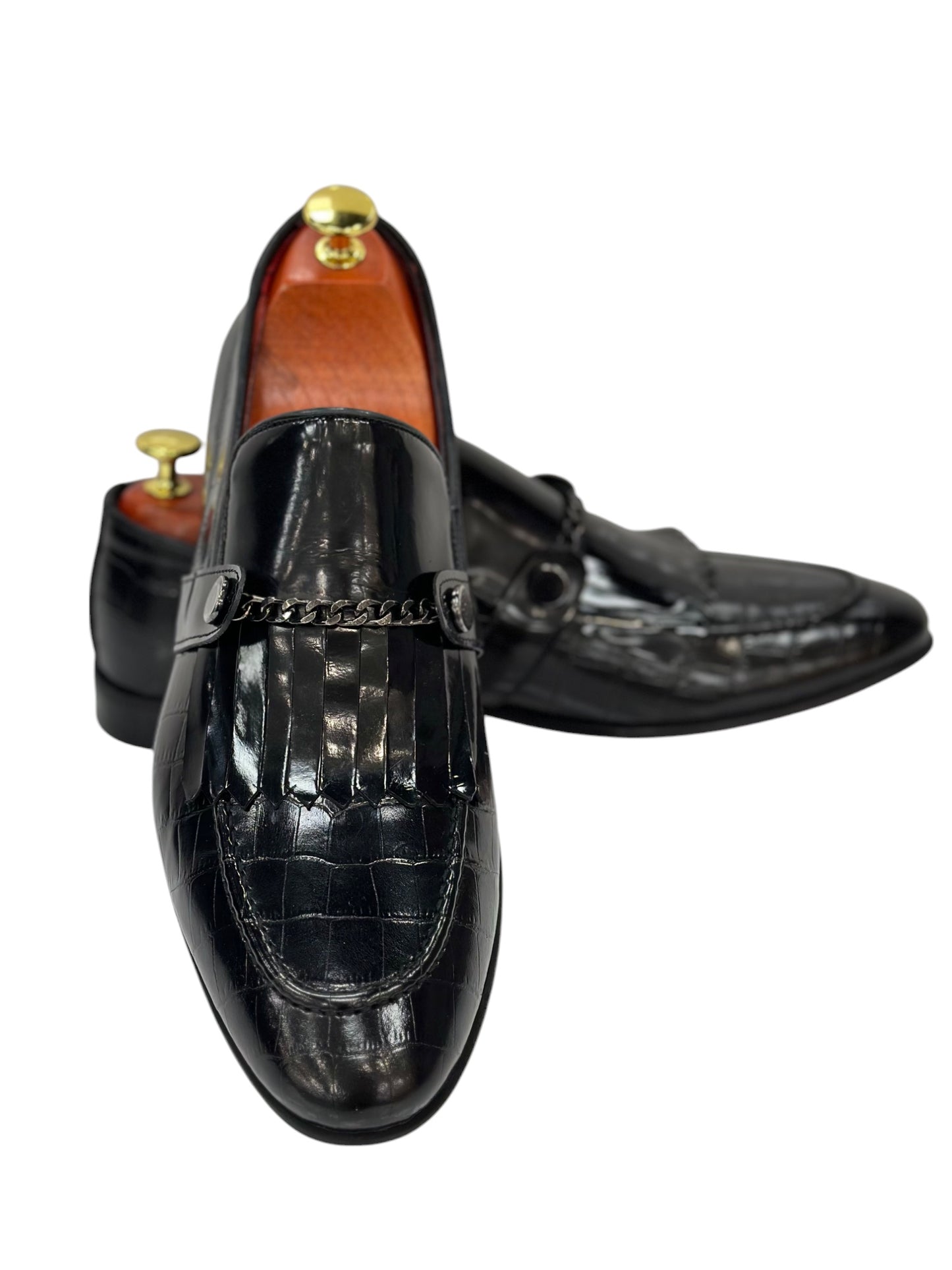 Black Istanbul Fashion by Raad Red Bottom Shoes With Shine Finish and Chrome Chain-3015