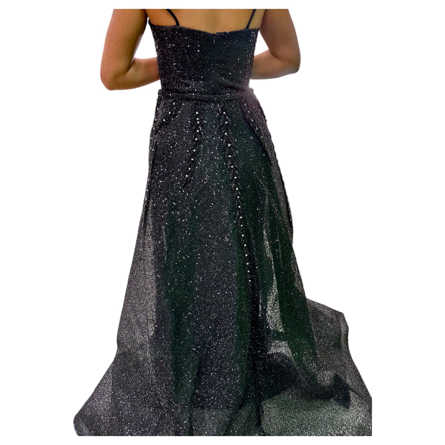 Black Elegant Long Dress-Detailed with Beautiful Crystals and Sequins and Detachable Long Skirt