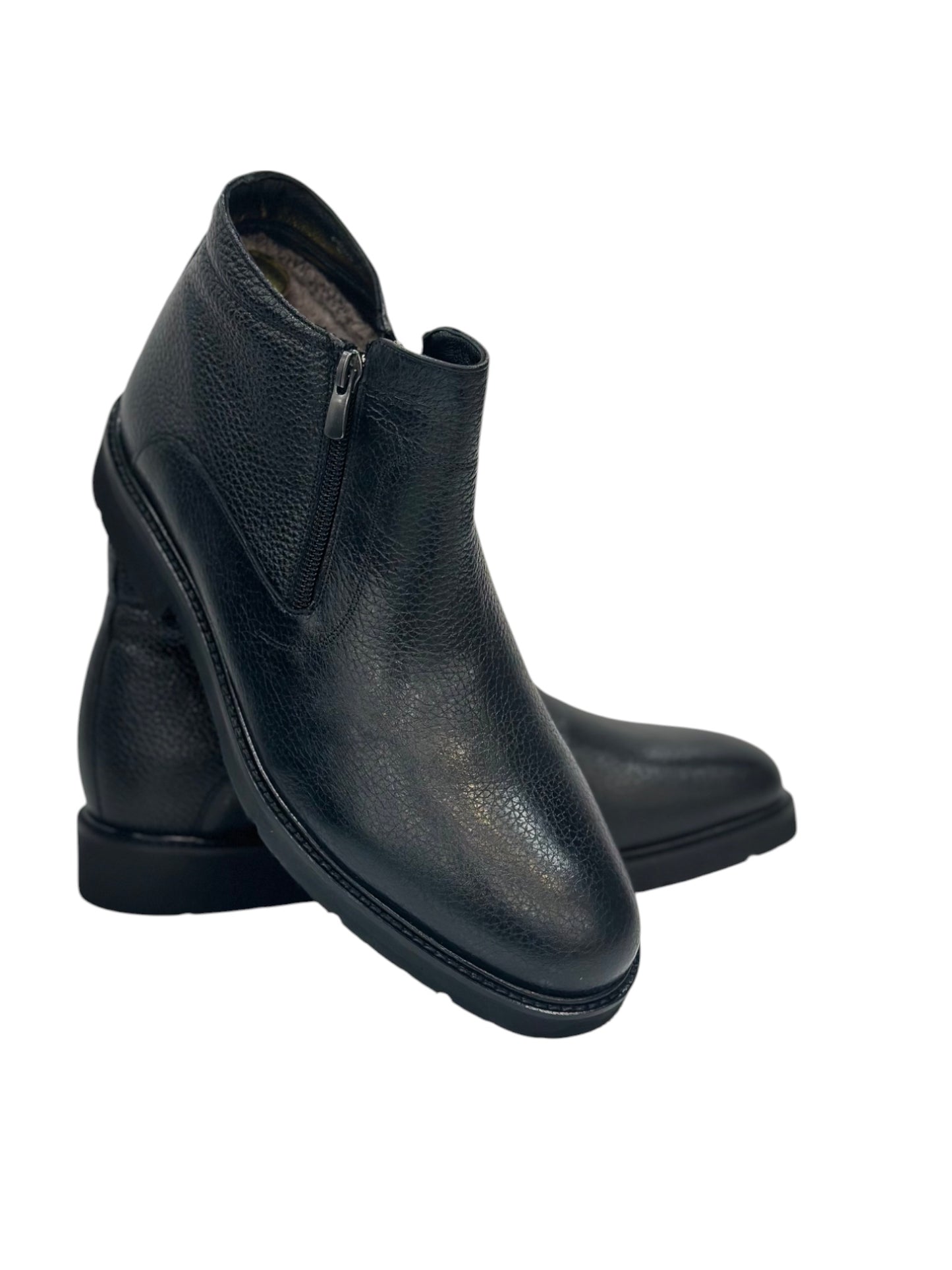 Ankle Boots -Furry Interior Luxury Highest Quality Black Leather-Detailed Zipper on Sides-240-B3125
