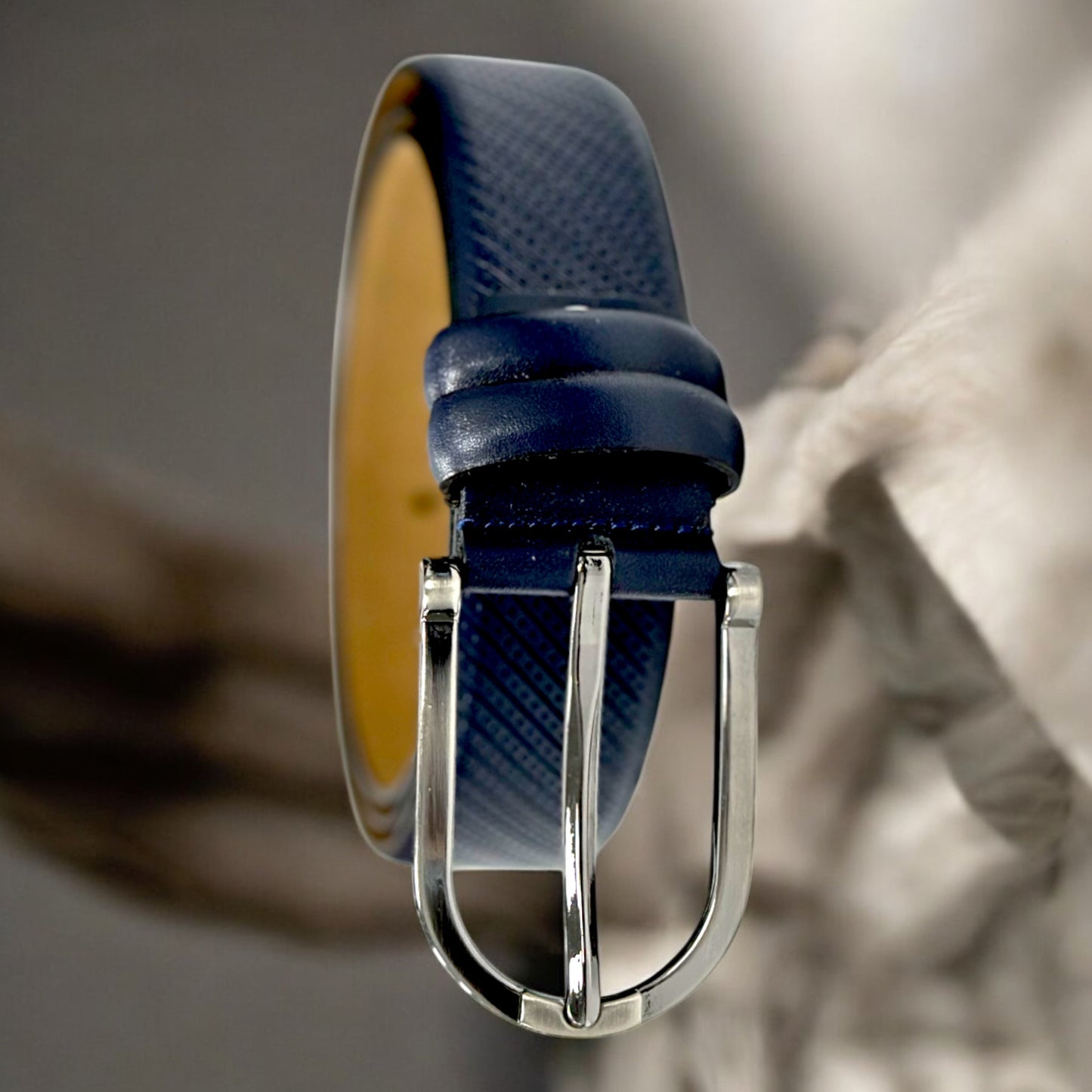 Classic Navy Leather Belt with  Round Corners Silver Buckle - 9