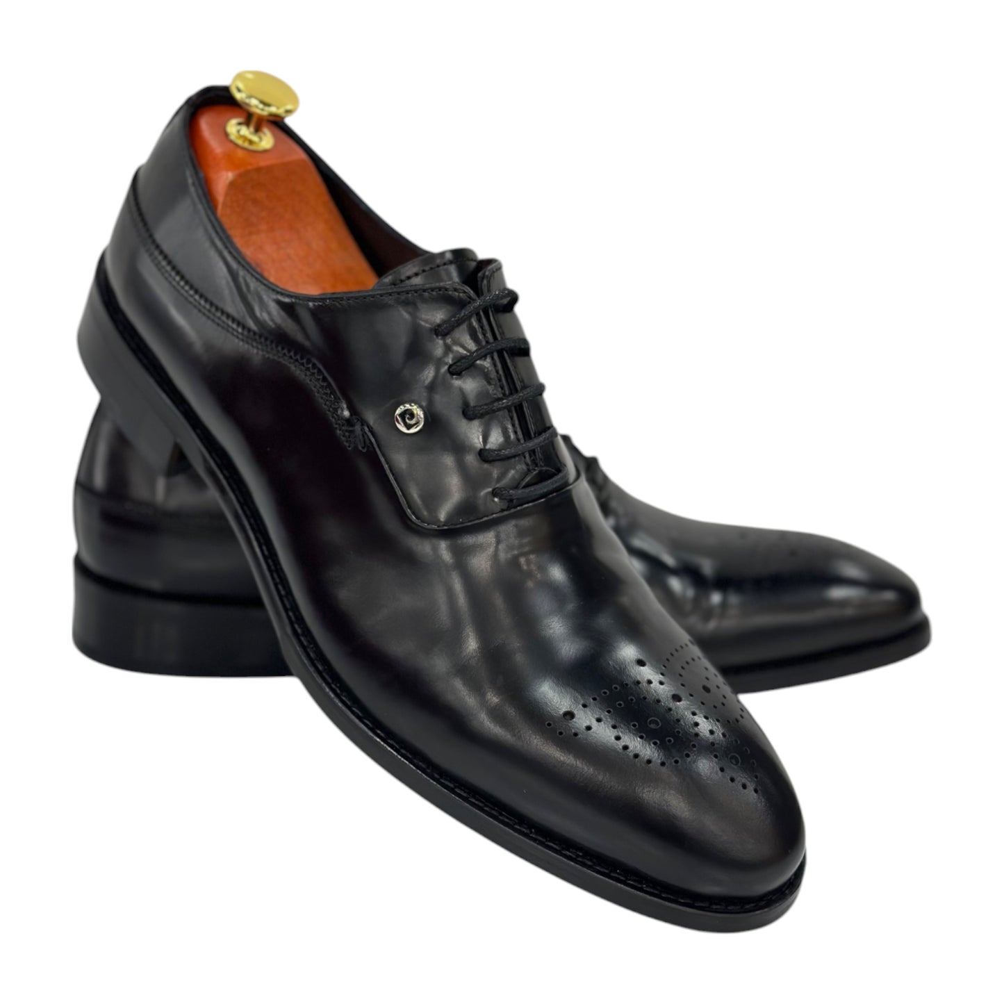 Black Shiny Dressy  Shoes With  Lace-465116