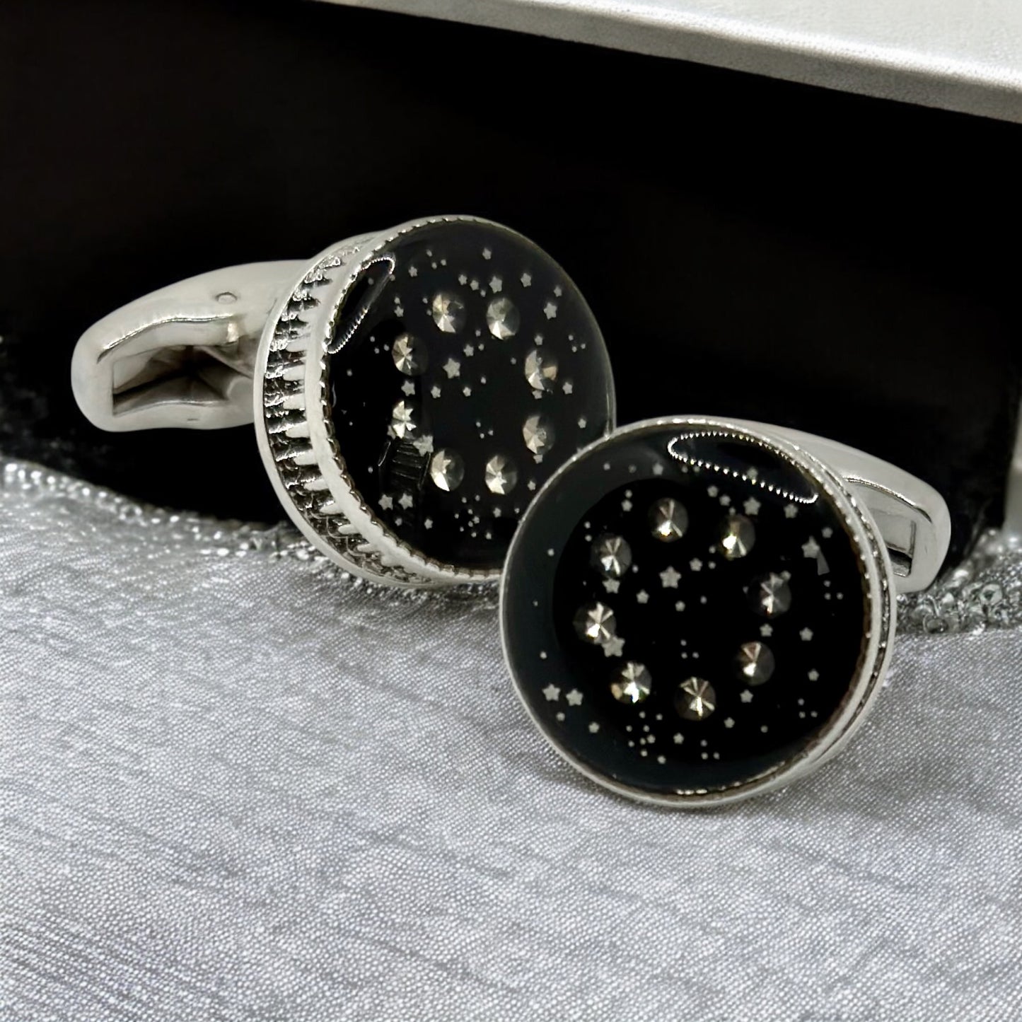 Bold Round  Round Istanbul Fashion Cufflinks  Detailed with  Silver, Diamonds and Black Interior- 25