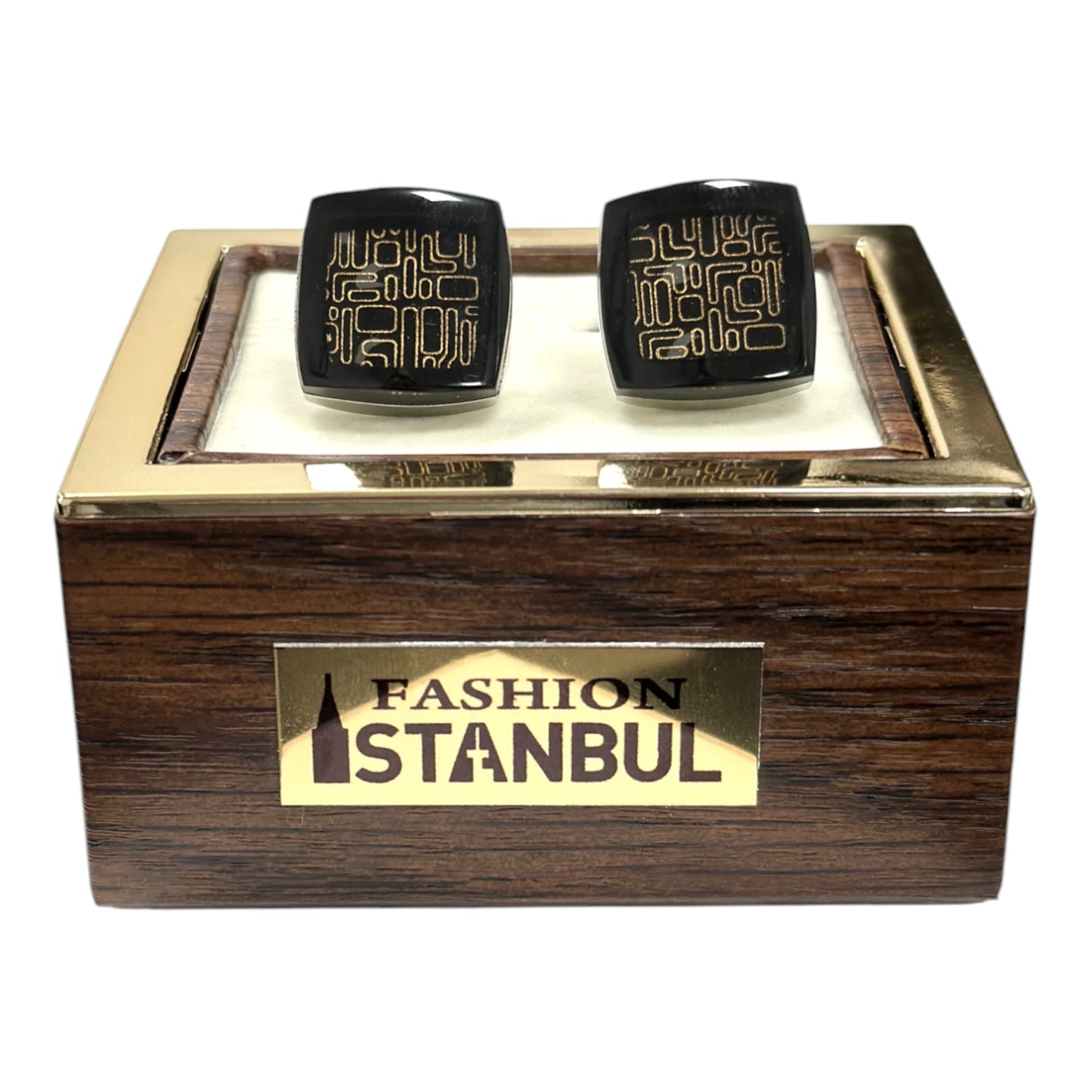 Squared Black Glass Looking on Gold Lines - Istanbul Fashion Cufflinks - 55
