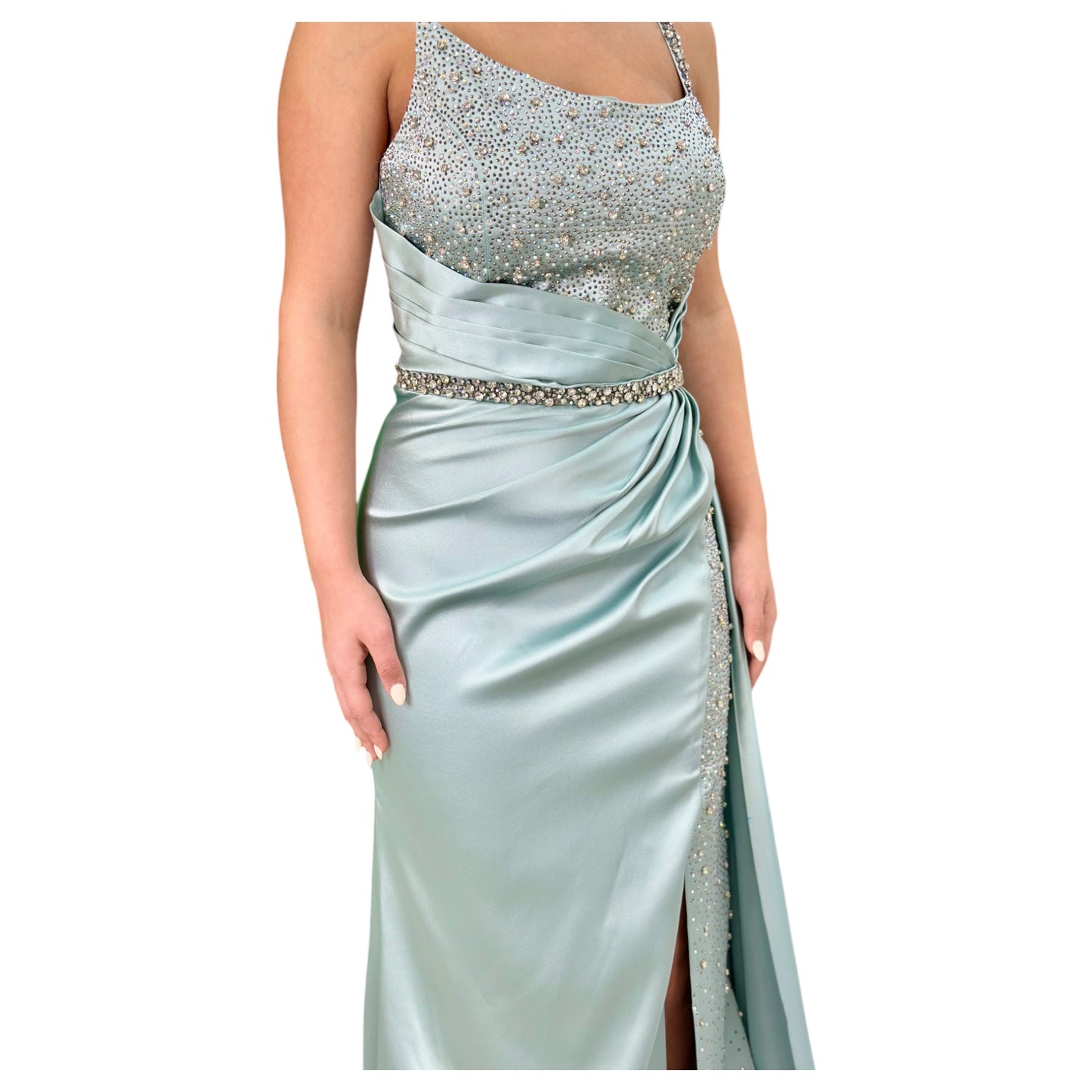 Satin Mint Green Elegant Long Dress- Detailed with Beautiful Crystals and Sequins