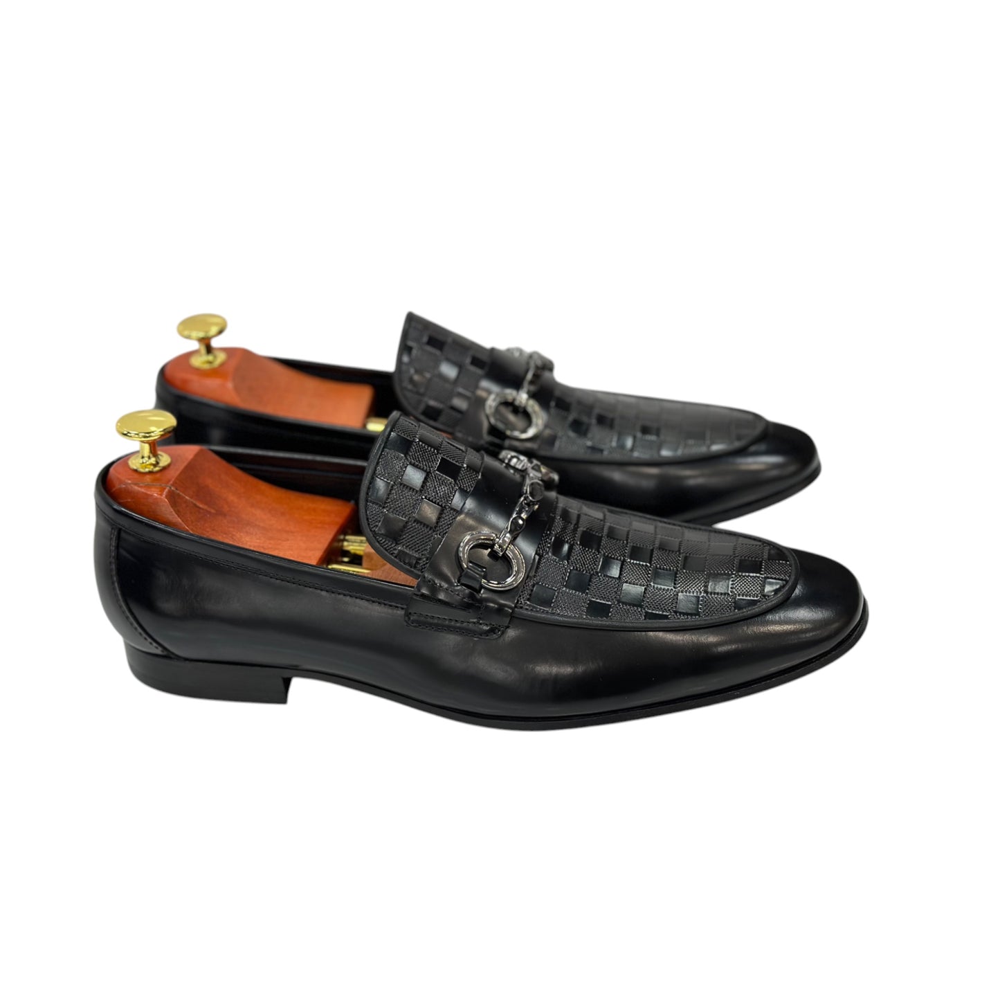 Black Detailed Leather dress Shoes-Chrome Metal Finish Details-120 2206