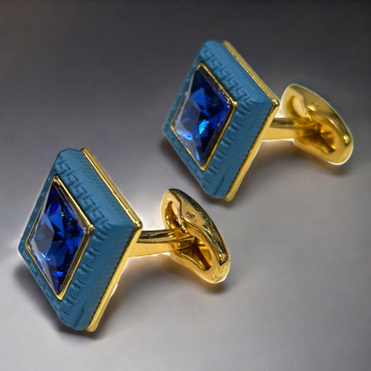 Stylish Gold Squared Detailed with Blue Diamonds - Istanbul Fashion Cufflinks - 72