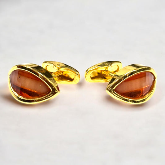 Elegant Tear Shaped Gold with Orange Jewel  - Istanbul Fashion Cufflinks - 76