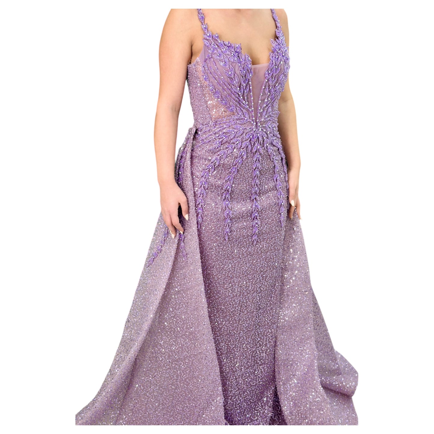Purple Elegant Long Dress-Detailed with Beautiful Crystals and Sequins and Detachable Long Skirt
