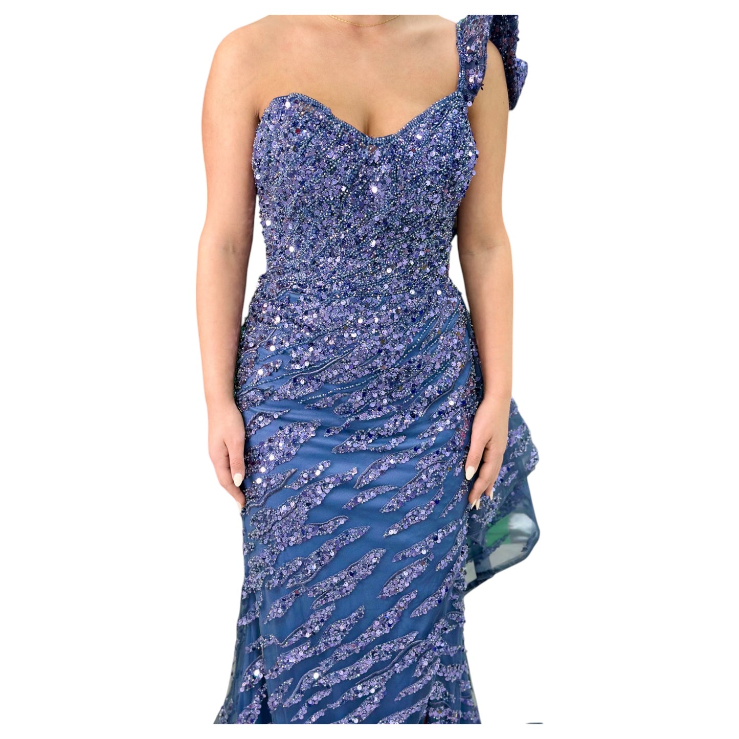 Navy Elegant Long Dress-Detailed with Beautiful Crystals and Sequins Off The Shoulder