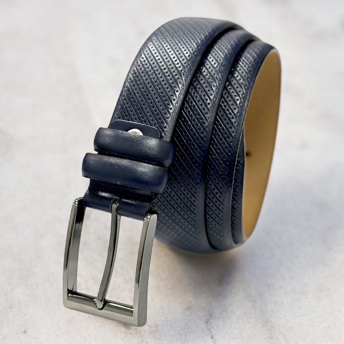 Classic Navy Leather Belt with  Squared Corners Silver Buckle - 10