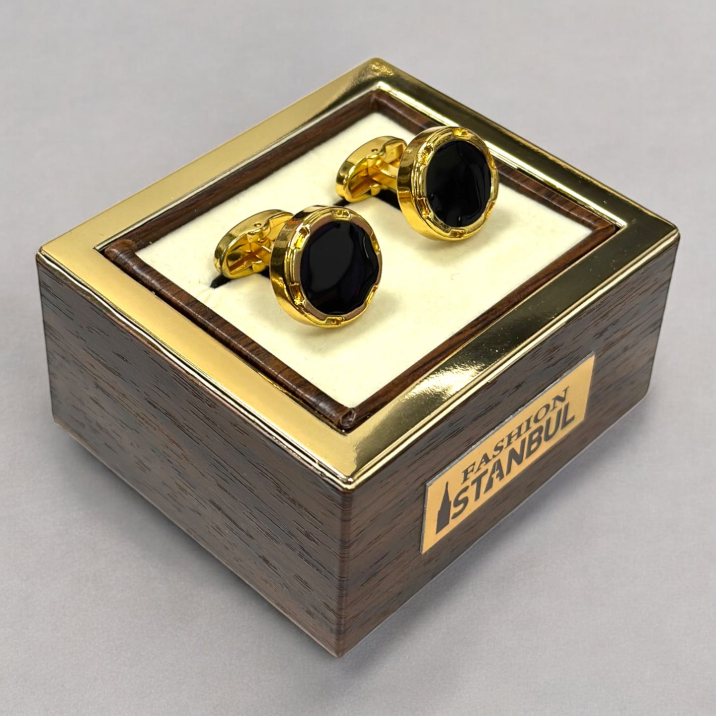 Round Gold Contrasted with Black Details   - Istanbul Fashion Cufflinks - 67