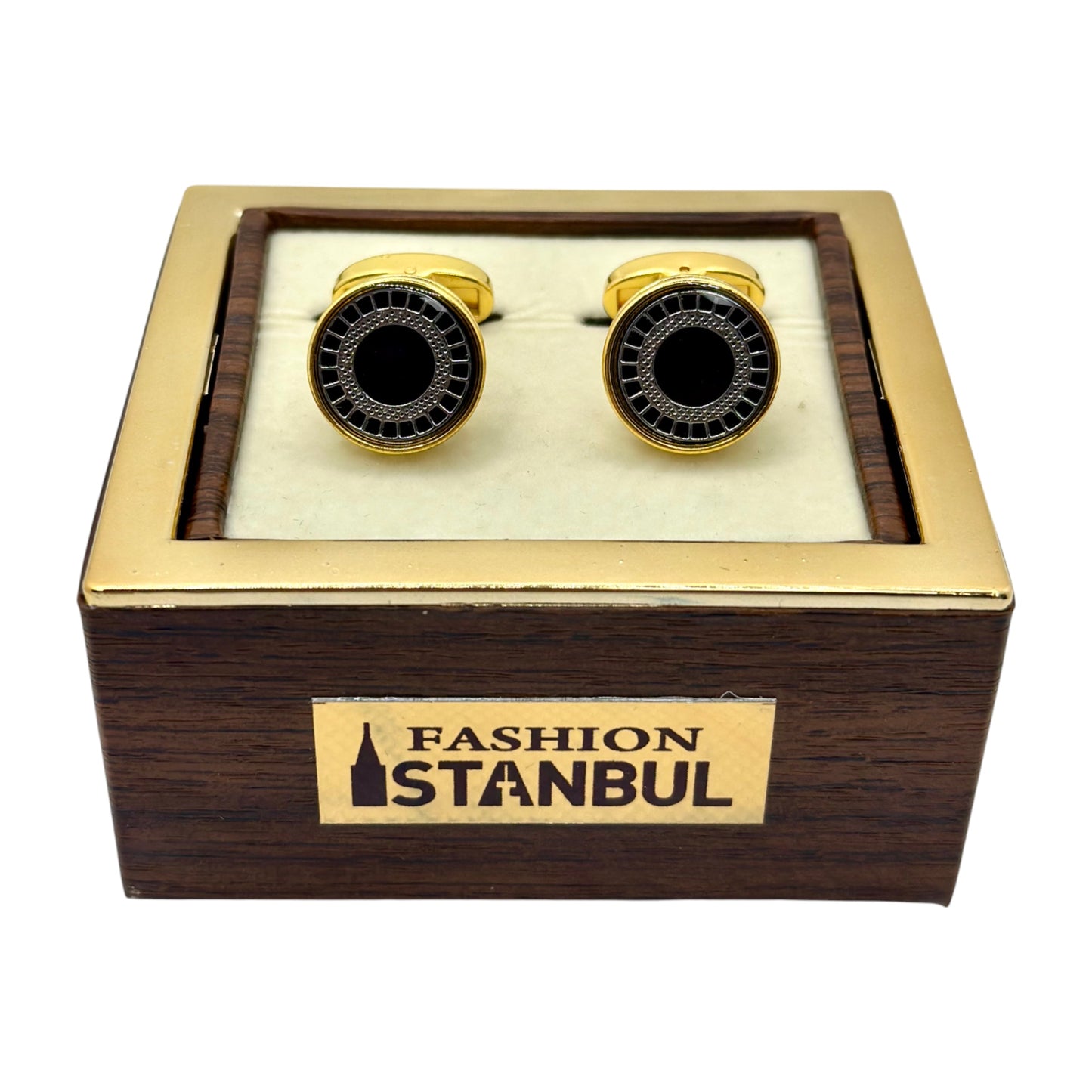 Round Istanbul Fashion Cufflinks - Gold Exterior with Black Details Mixed with Silver  - 4