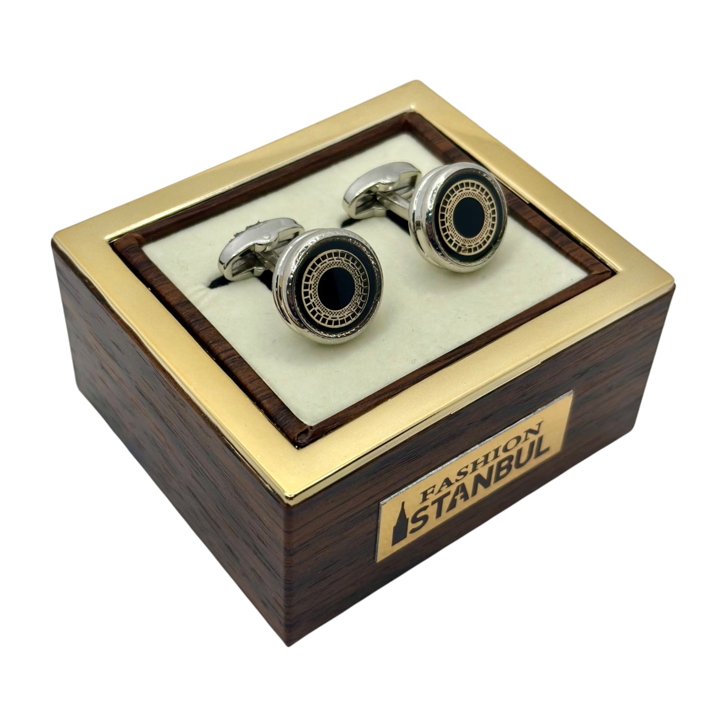 Silver  Black Round  Round Istanbul Fashion Cufflinks  Detailed with Black, Shiny Silver 33