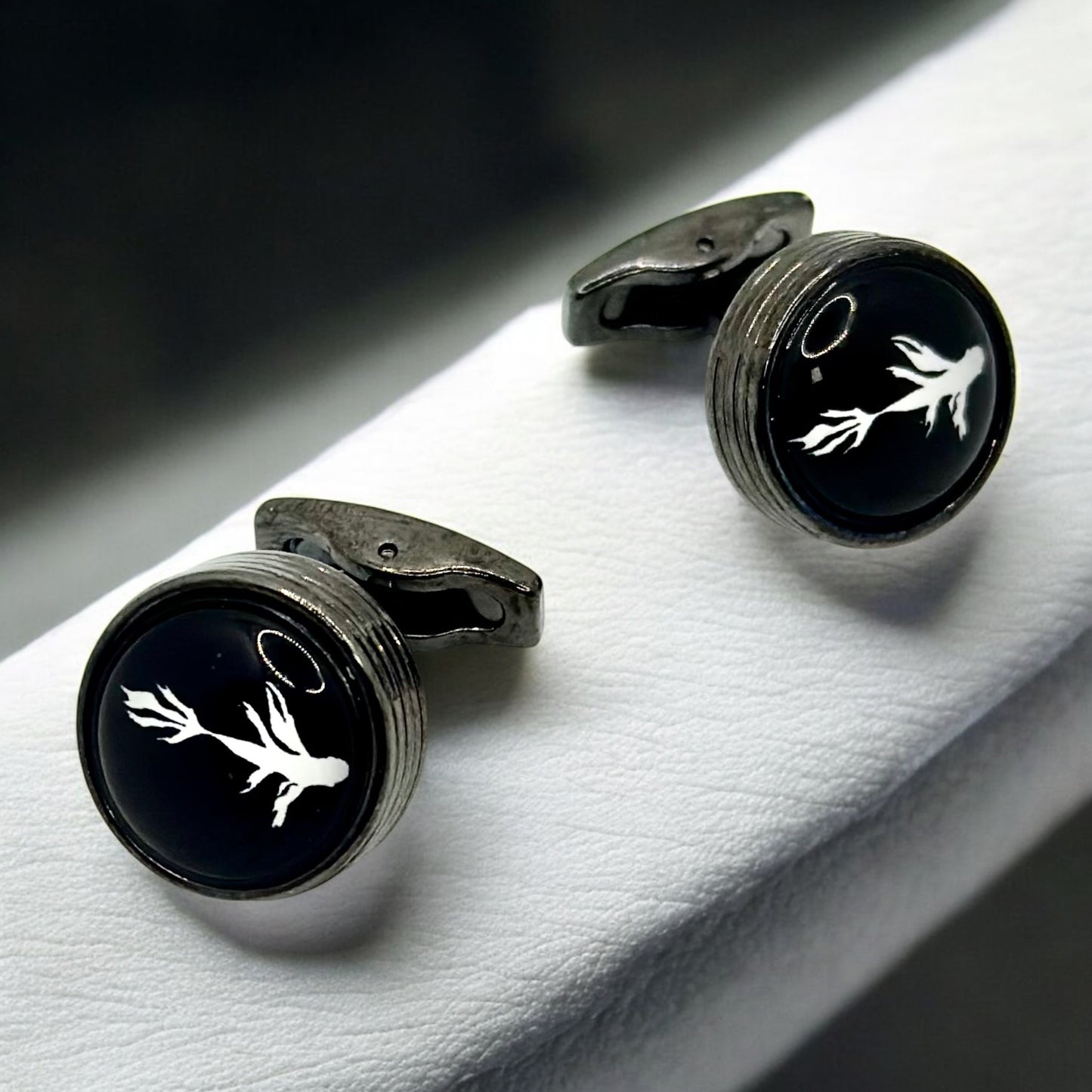 Round Istanbul Fashion Cufflinks -Black on Black with White Feather Detail - 15