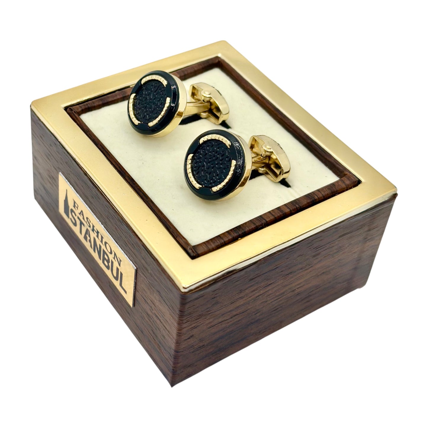 Round Istanbul Fashion Cufflinks - Gold and Dark Black Textured Interior  - 12