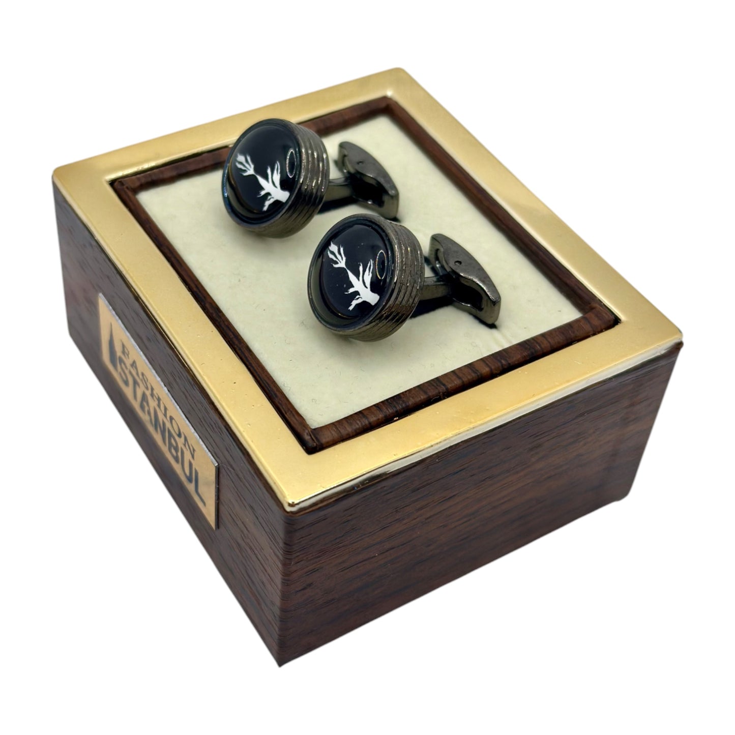 Round Istanbul Fashion Cufflinks -Black on Black with White Feather Detail - 15