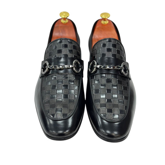 Black Detailed Leather dress Shoes-Chrome Metal Finish Details-120 2206