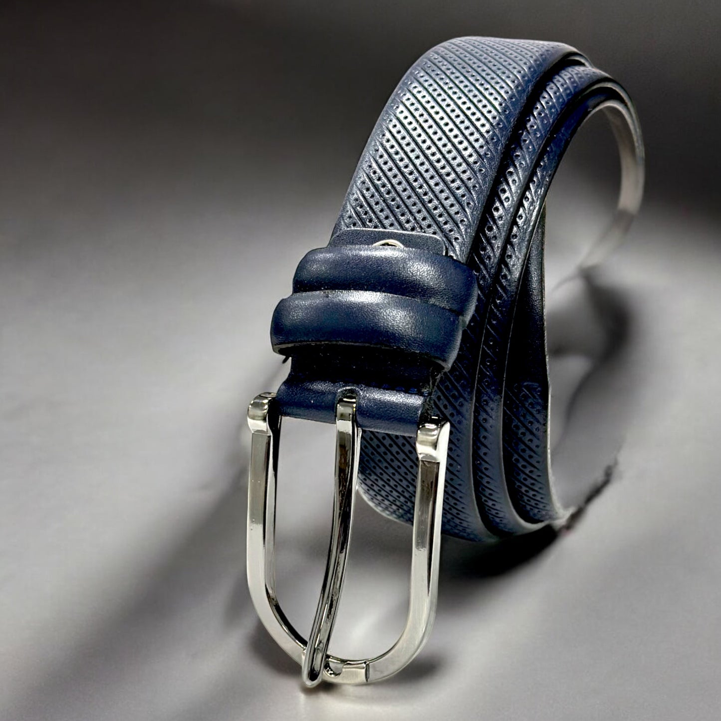 Classic Navy Leather Belt with  Round Corners Silver Buckle - 9