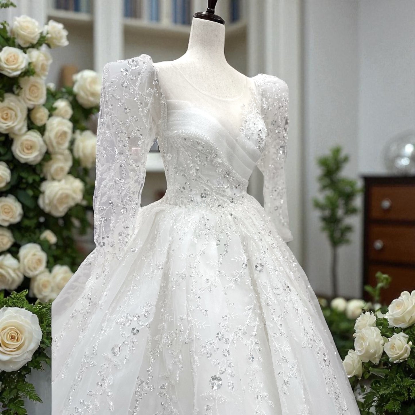 Princess  Ball Gown Style - Wedding Gown - Creamy White -Long Sleeves  Detailed with Sequins