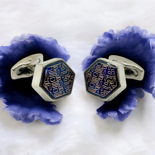 Pentagon Istanbul Fashion Cufflinks - Silver Exterior with Royal Blue and Silver Blend Interior - 5