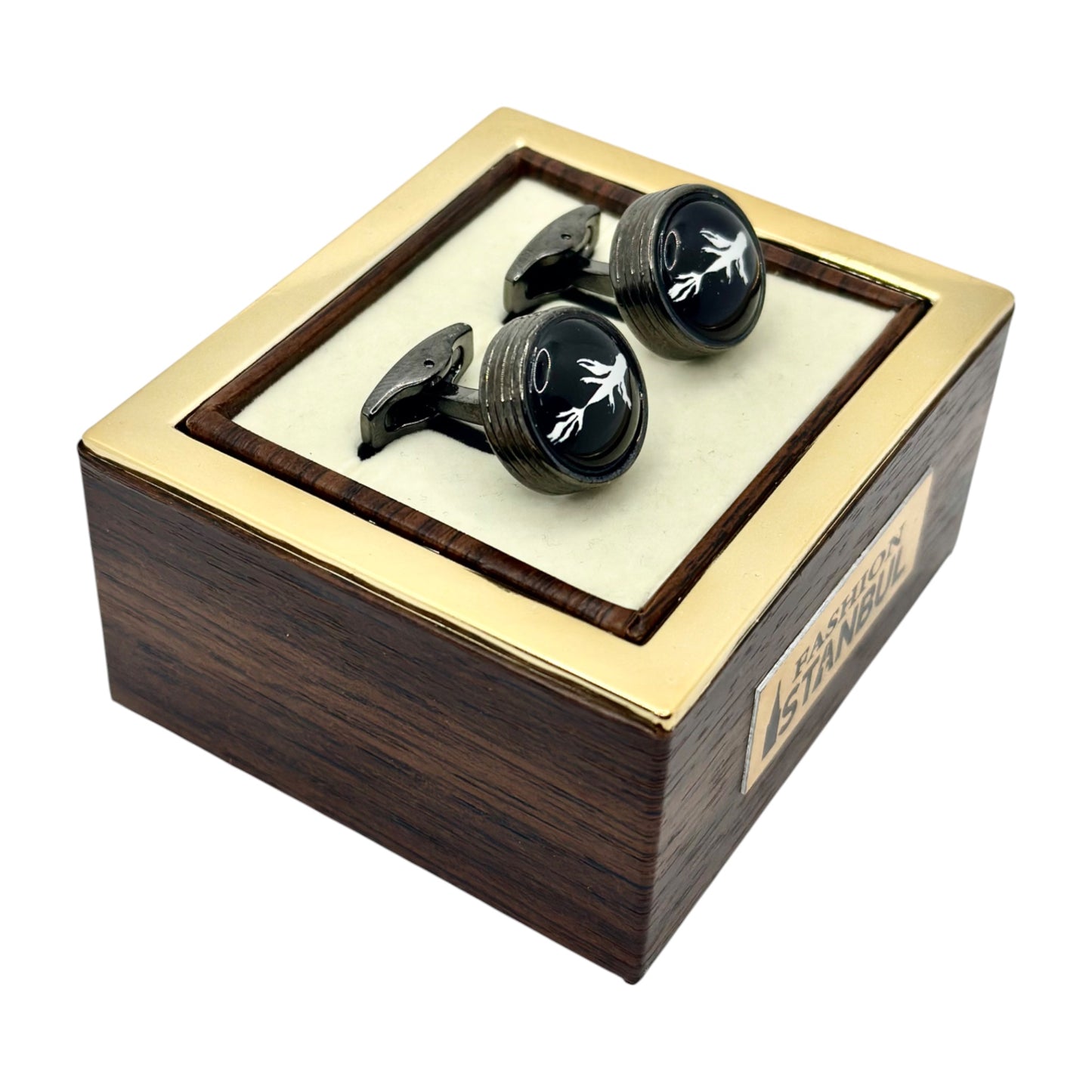 Round Istanbul Fashion Cufflinks -Black on Black with White Feather Detail - 15