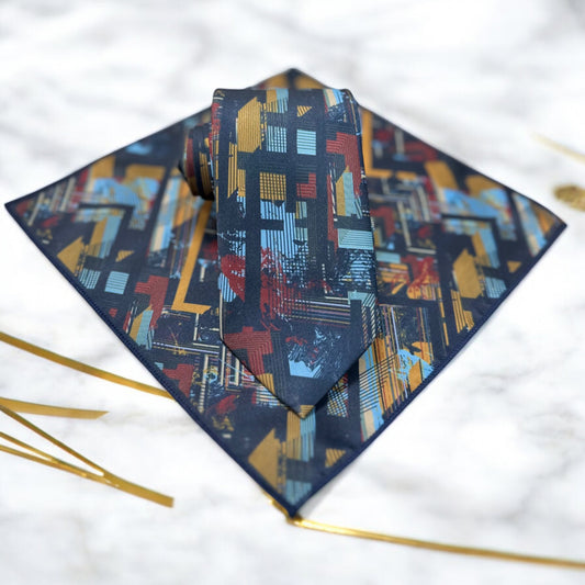 Mustard,  Blue, on Blue Base Pattern - Istanbul Fashion Tie - Classic Wide