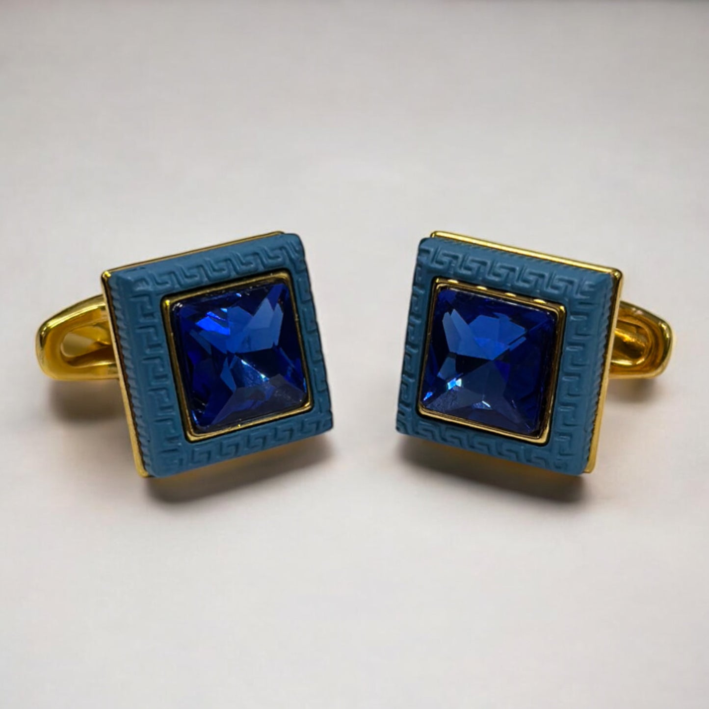 Stylish Gold Squared Detailed with Blue Diamonds - Istanbul Fashion Cufflinks - 72