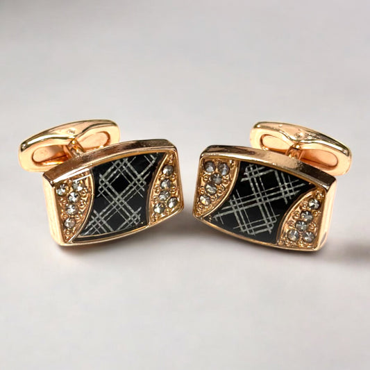Stylish Rectangular Rose Gold  Detailed with Black and Diamonds  - Istanbul Fashion Cufflinks - 73