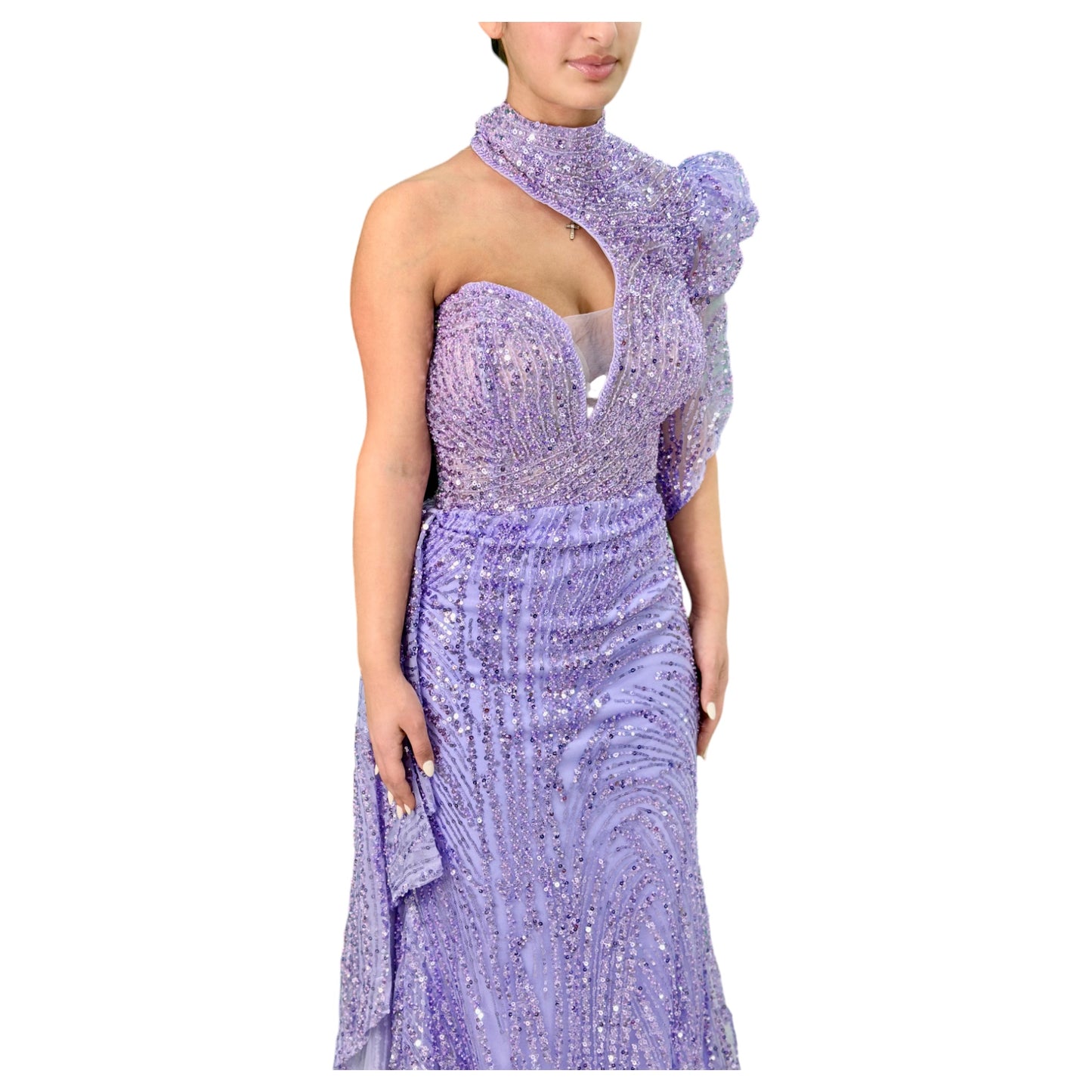 Purple Elegant Long Dress-Detailed with Beautiful Crystals and Sequins Uniquely One Shoulder